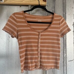 American Eagle Outfitters Tan Striped Button Front Crop Top